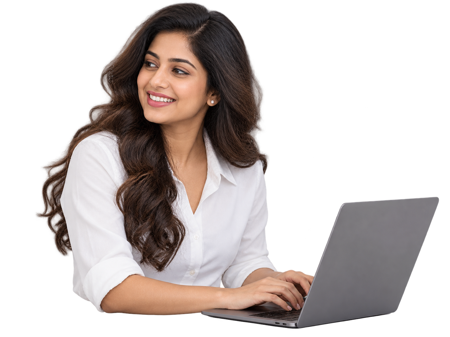 Smiling digital specialist in a white blouse working on a laptop