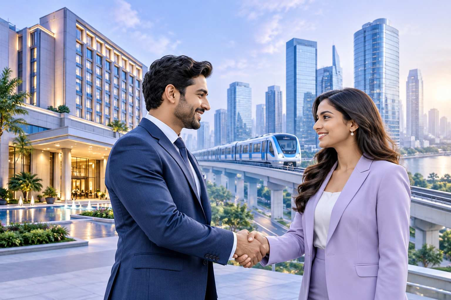Business partners with a hotel, railway and office skyline
